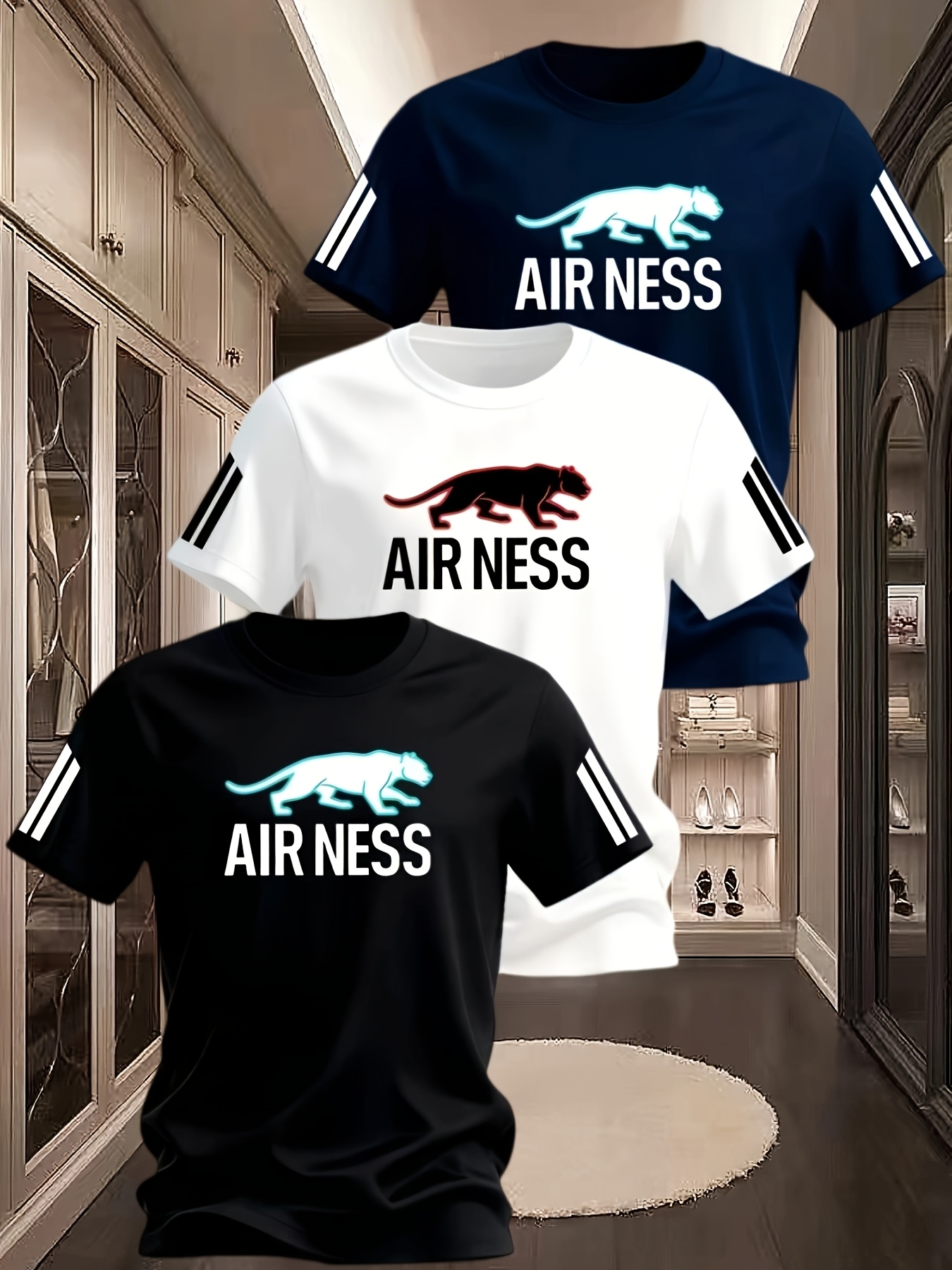 Lot de 3 T-shirts pour Homme Respirants à Imprimé Léopard Créatif, Style Basique Facile d'Entretien, T-shirt Confortable en à Col Rond pour Printemps/Été, Imprimé Graphique Léopard à la Mode et Tendance | Tenue Décontractée Confortable