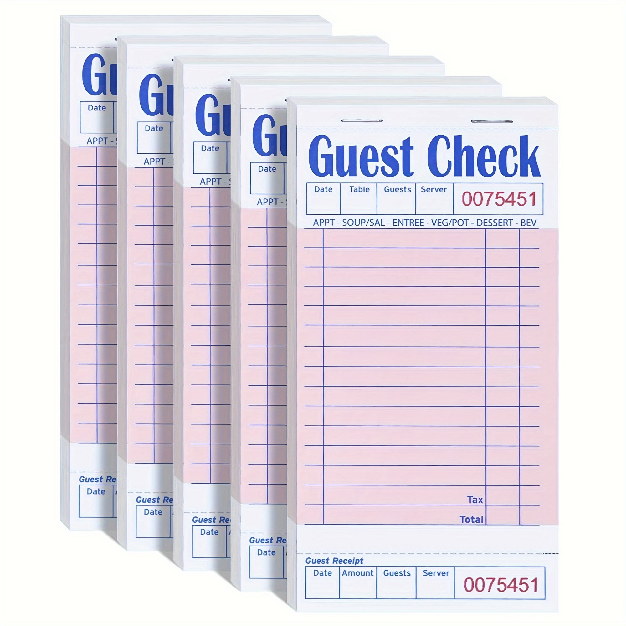 

5-pack Smooth Finish Guest Check Pads For Waiters - 50 Sheets Per Pad, Pink Restaurant Order Notepads, Total 250 Pages