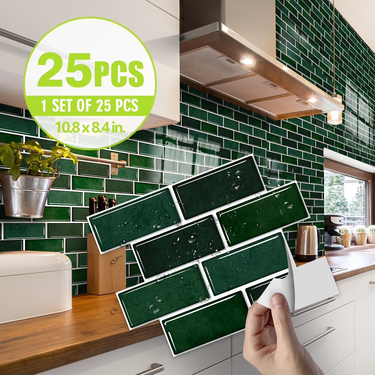 

25pcs, Deep Green Marble Pattern Kitchen Tiles, Waterproof Oil-proof Self-adhesive Peel & Stick Wall Tile, Thickened Moisture-resistant Vinyl Tiles For Kitchen & Bathroom