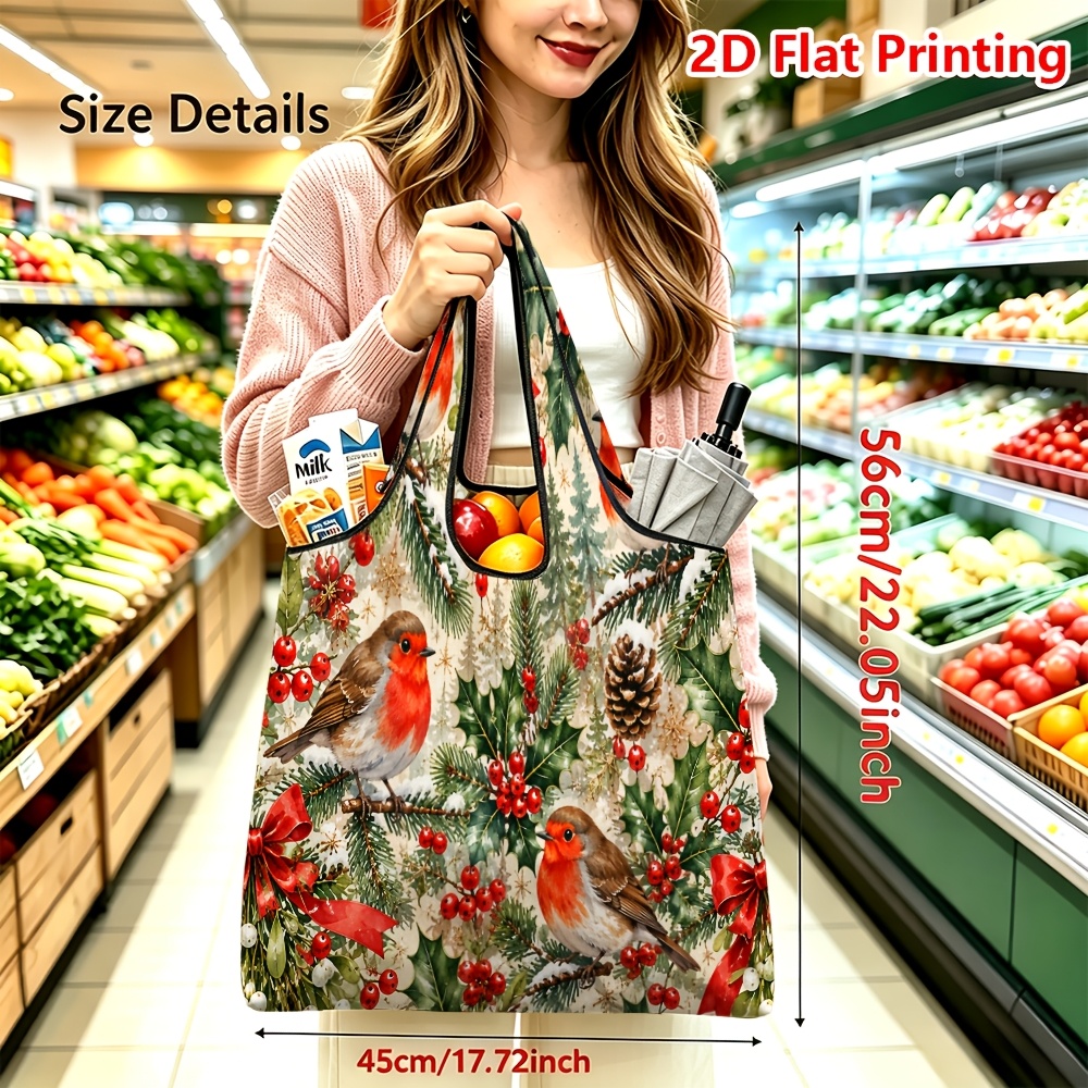 TEMU 1pc Large Reusable Shopping Bag With Christmas Robin Print - Foldable Grocery Tote Suitable For Grocery, Picnic, Travel, Square Bag For