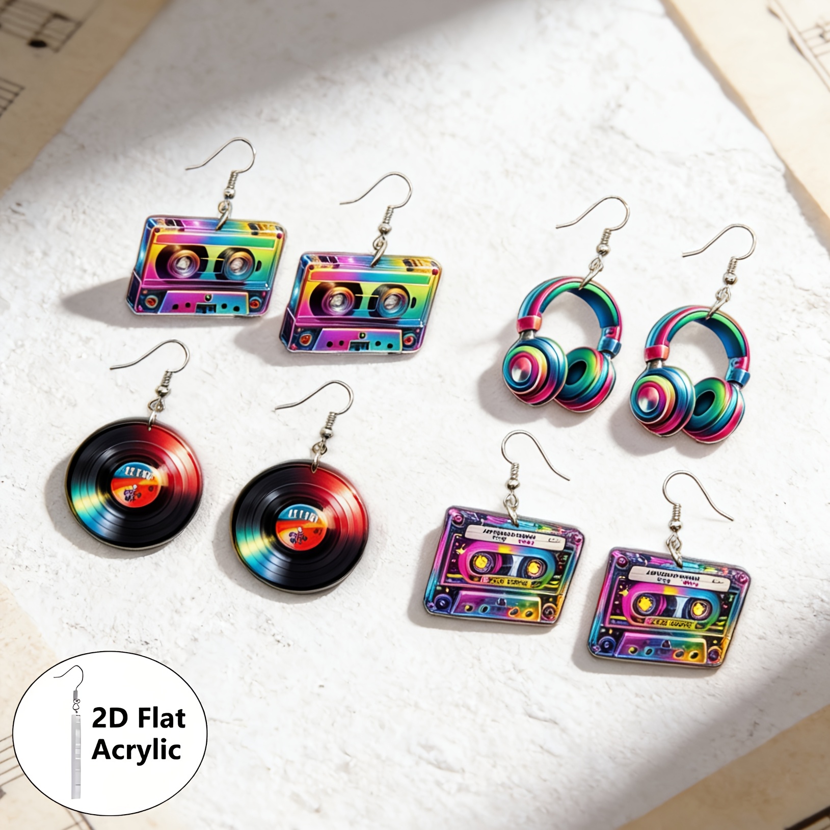Image of 2d Flat Colorful 3pairs/set Disc Music Festival Party Watercolor Acrylic Cartoon Earrings Additions Cute Pendant, Suitable For Fan Gifts Jewelry