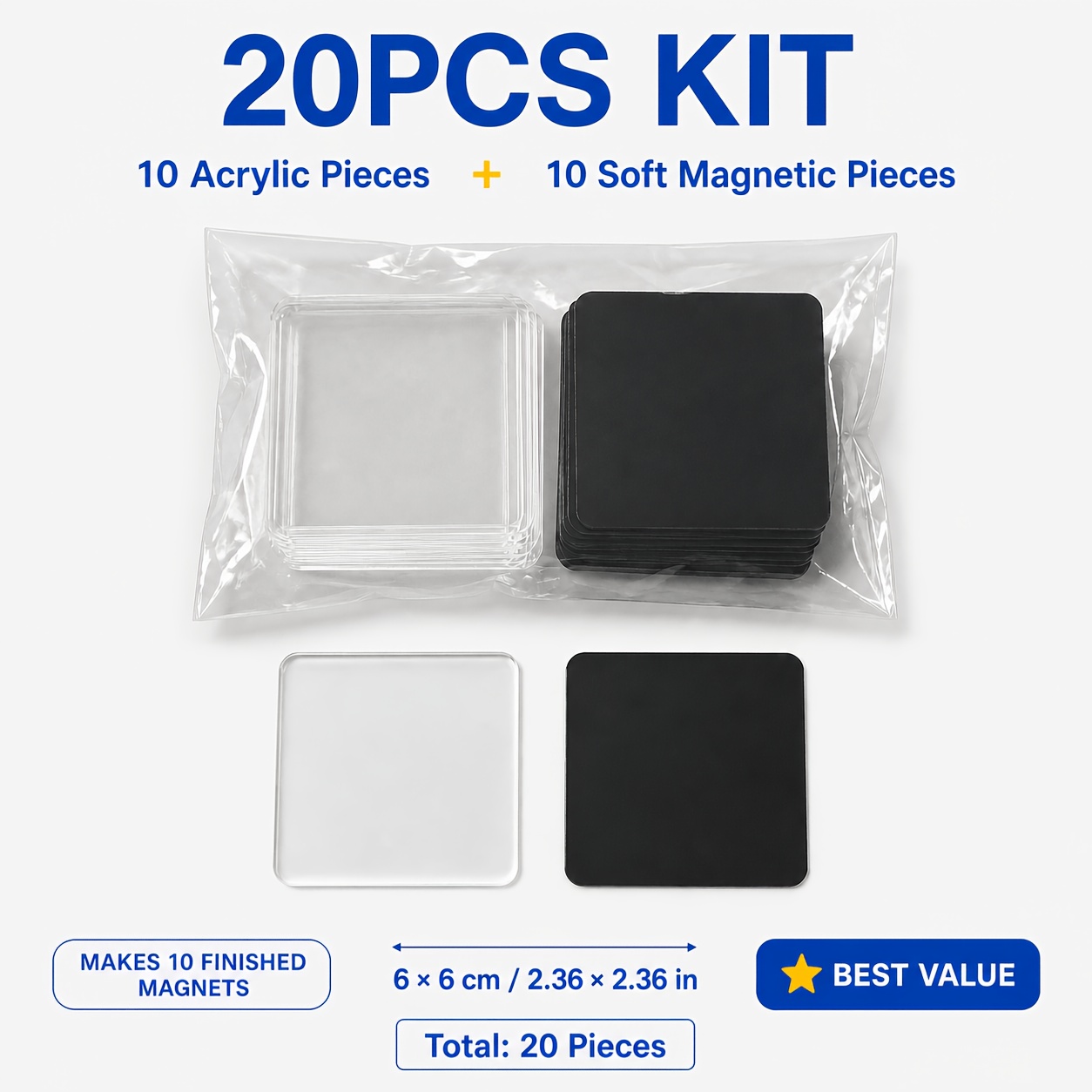 TEMU 20pcs Refrigerator Magnet Making Kit, 2.36x2., Includes Acrylic Square Patches With Adhesive Backing And Soft Magnets, No Heat Transfer Machine