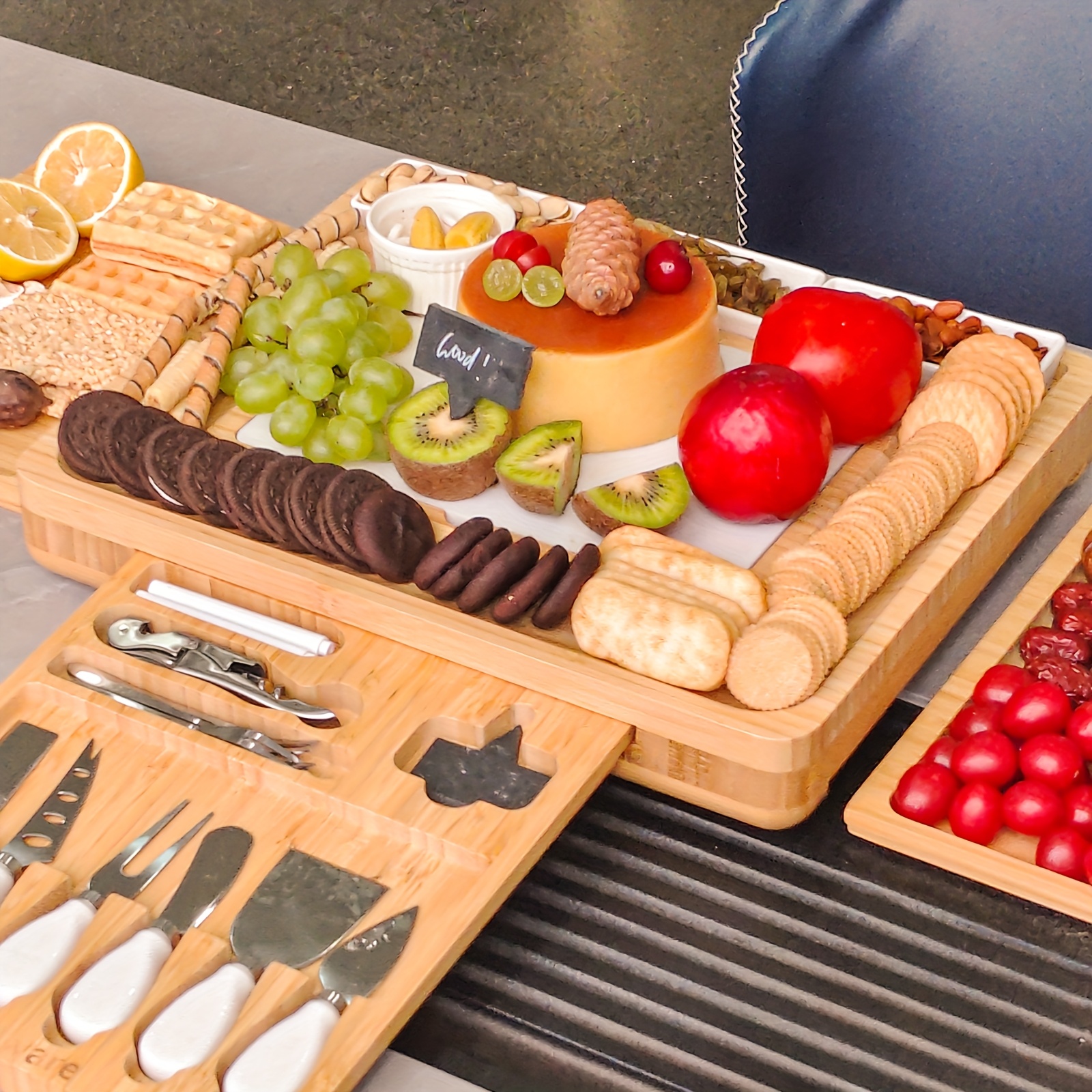 foldable bamboo cheese board integrated storage utensils Temu Oman