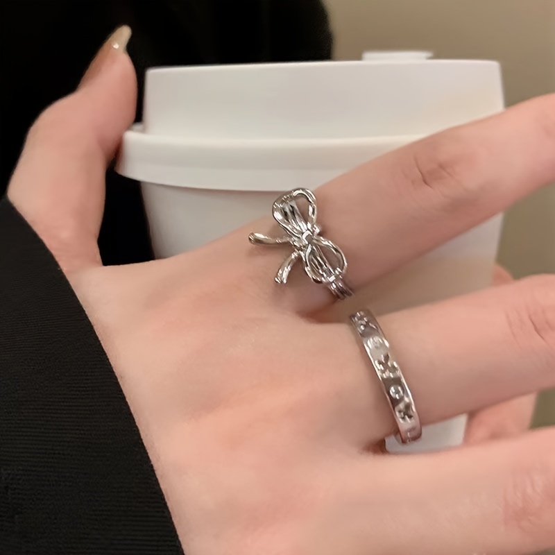 2pcs Set Of Irregular Ballet Style Bow Ring For Female Students, Light Luxury Cold Style Open Index Finger Ring, Fashionable And Simple Personality Ring