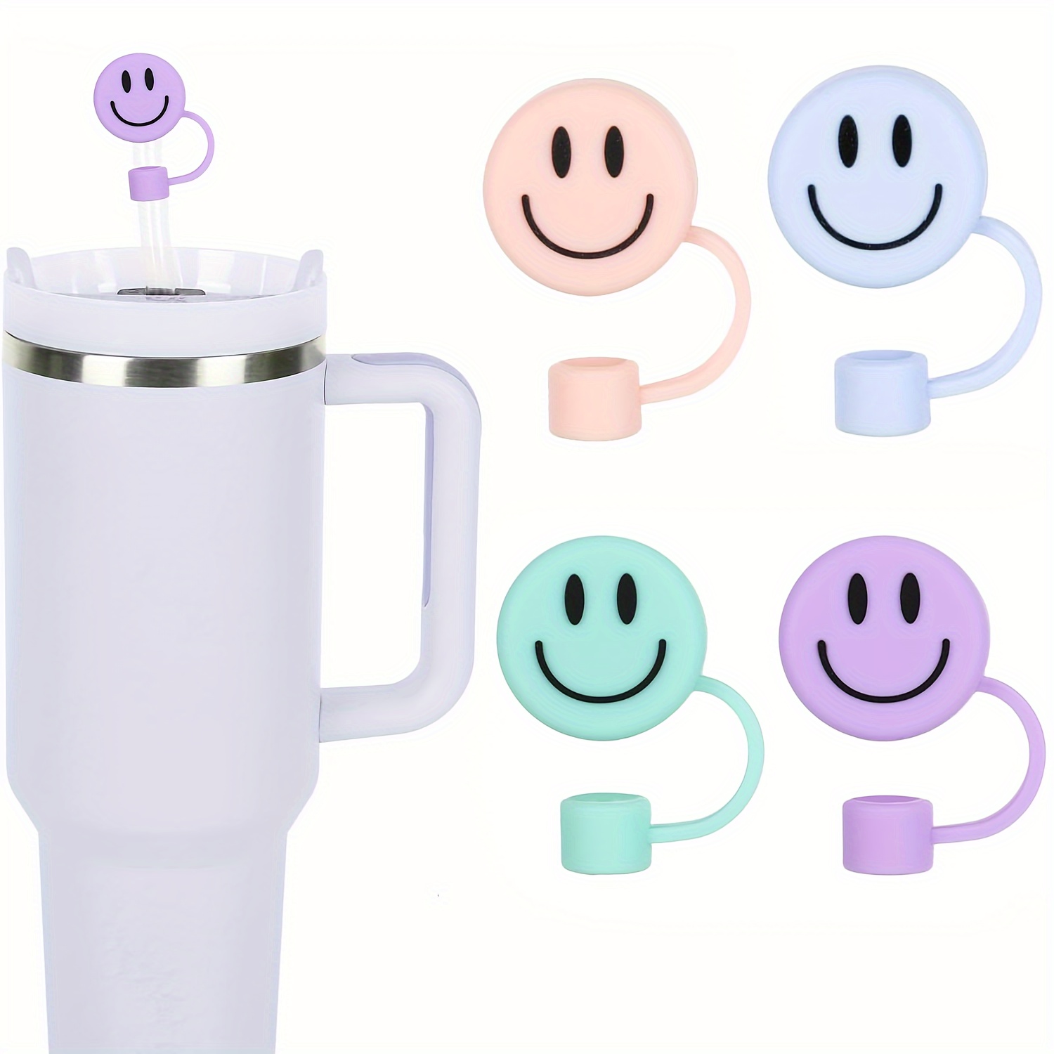 

4-pack Silicone Straw Covers For Sports Water Bottles, Leak-proof Dust-proof Straw Cap Accessories, Compatible With 10mm Diameter Straws, Double-sided 3d Happy Face Design - Food Grade Silicone