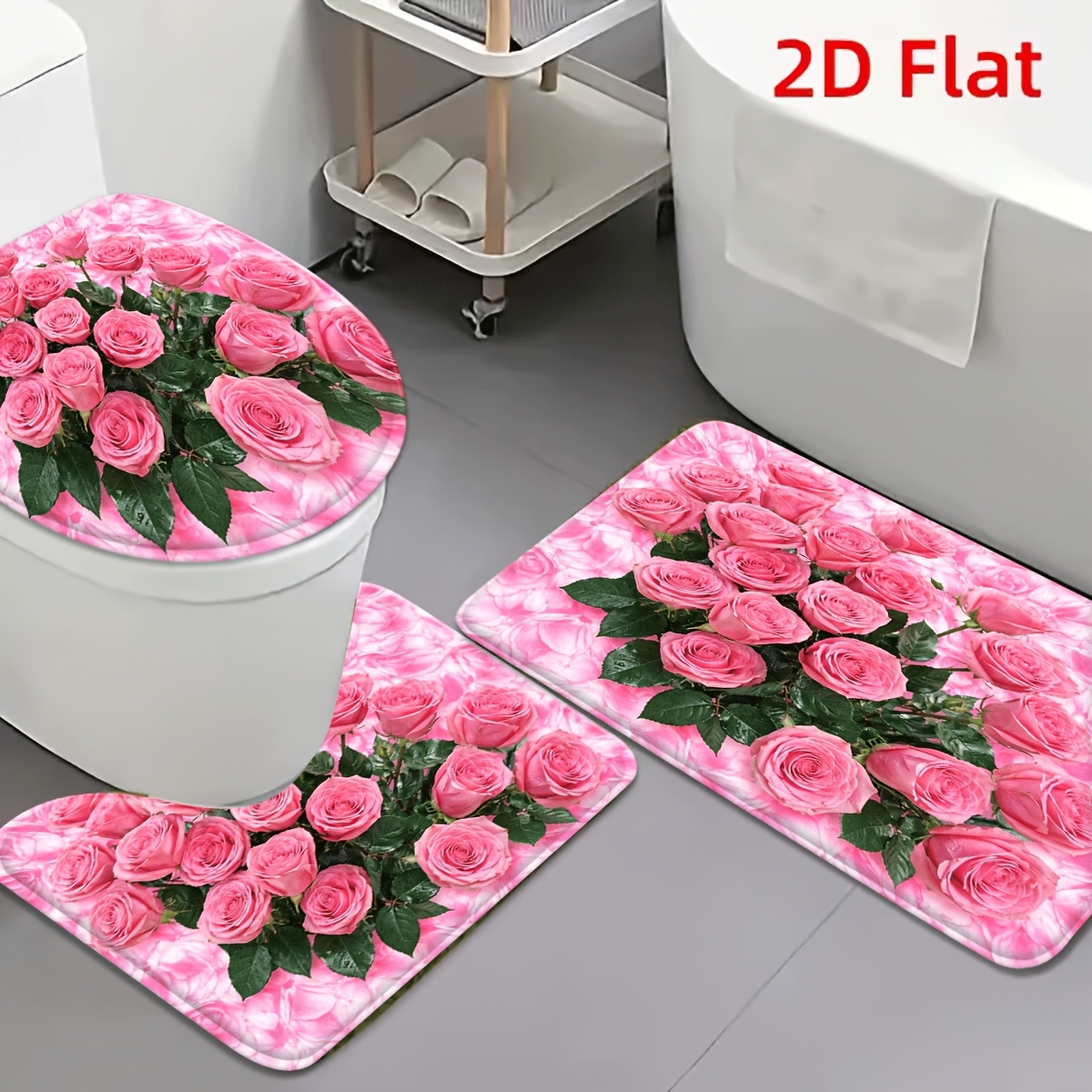 TEMU 2d Flat 3pcs Elegant Rose Floral Flannel Nonslip Toilet Mat Set, Ultra Absorbent & Washable, Cozy Bathroom Decor, Sweet , 2d Flat