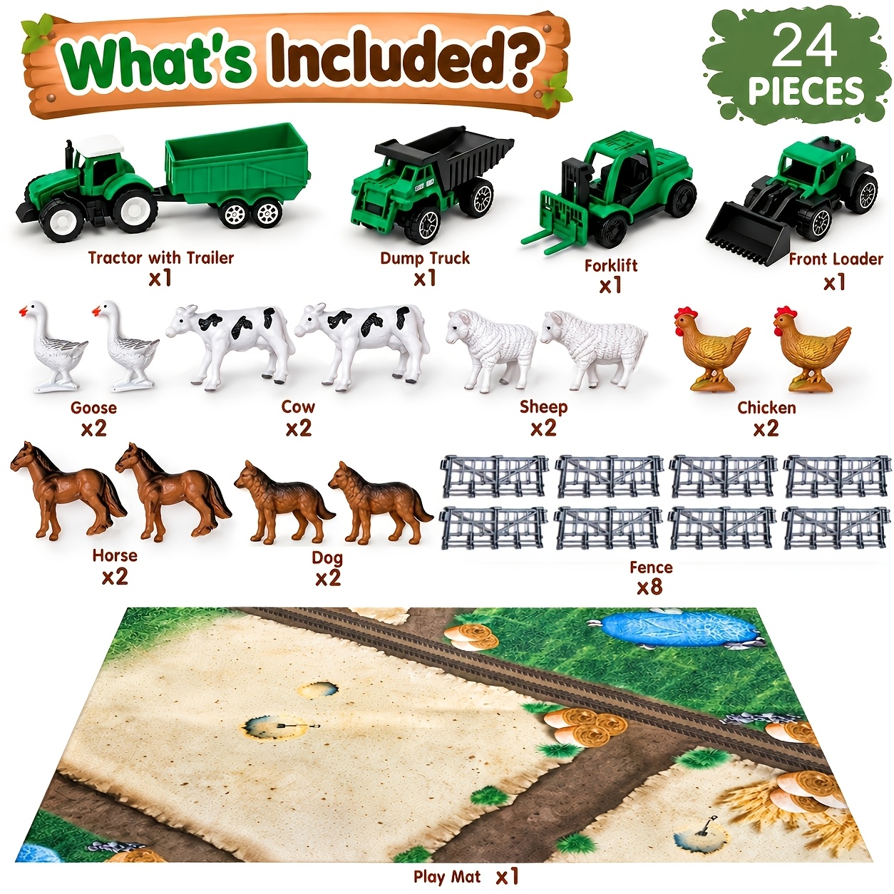 TEMU 1 Set 24pcs Farm Toy Playset For Kids, Mini Farm Vehicles And Animal Figures With Play Mat And Fences, Tractor Trailer Dump Truck Forklift Front