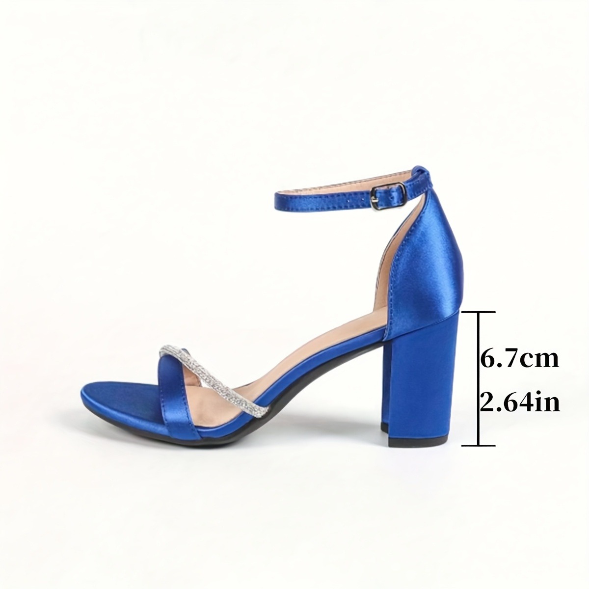 Elegant Women'S Summer Sandals with Chunky Heel, Open Toe, and Ankle Strap  Blue Fabric Upper, Crystal Embellishments, Rubber Sole, High Heel Party S