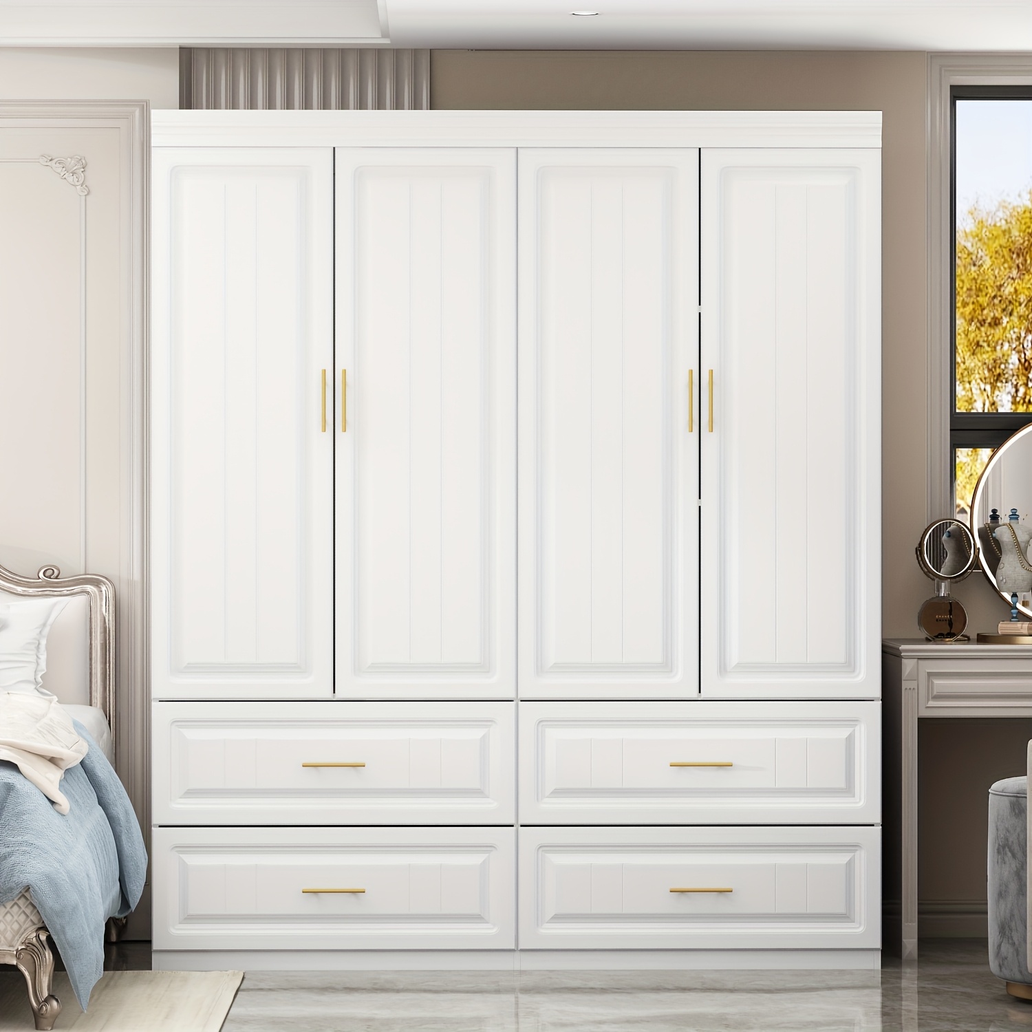 

Large Combo Wardrobes Closet Storage Cabinet, Large Storage Capacity, Modern Minimalist Style, White