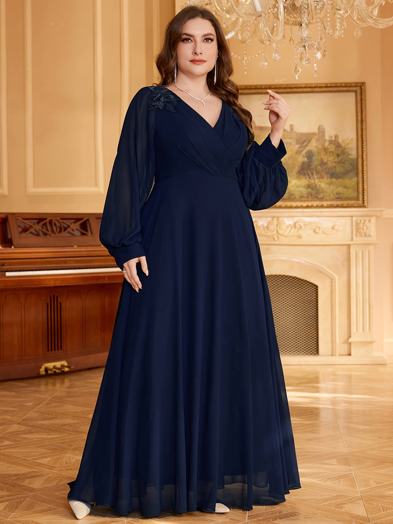 plus size womens elegant v neck lantern sleeve evening gown - Temu