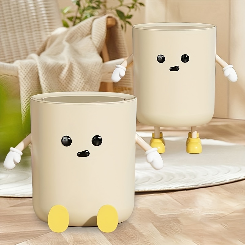 

Cute Cartoon Design Cylindrical Plastic Kitchen Trash Can With Quiet Close Lid, Creamy-style Press-type Waste Bin For Bedroom And Bathroom, No-electricity Operation, 9l Capacity