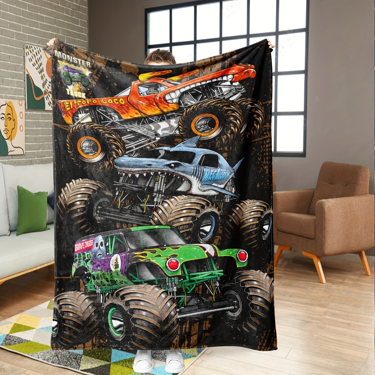 

Ultra-soft Monster Truck Flannel Throw Blanket - Perfect For Boys & Girls, Fade-resistant Grave Digger Design, Cozy All-season Comfort