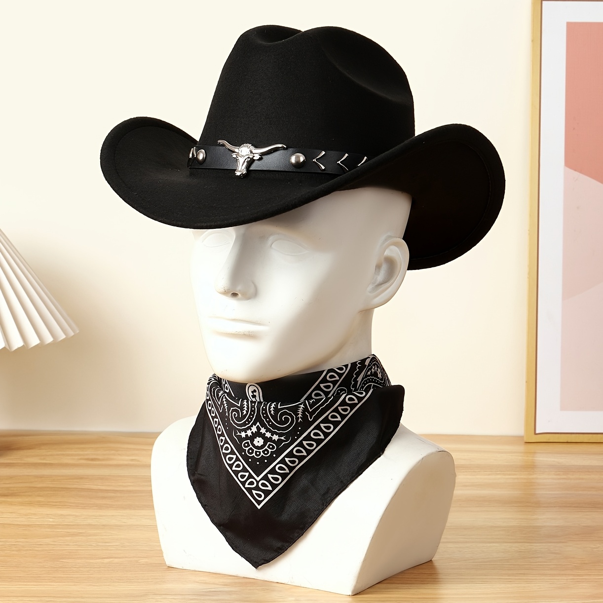 Image of 2pcs/1pc Unisex Cowboy Hat With Bull Headband + Pattern Bandana Fashion Set, Suitable For Horse Riding, Rodeo, Music Festivals, Bar Parties, As Gifts And Daily Use,halloween