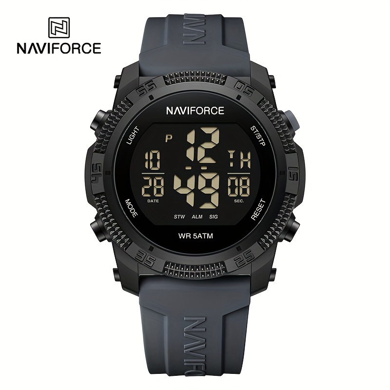 Reloj deportivo digital para hombre NAVIFORCE - Negro con detalles verdes, resistente al agua, pantalla de fecha, función de cronómetro, correa de goma, ideal para viajes y fitness, reloj deportivo | Cara de reloj digital | Correa ajustable - Gris oscuro