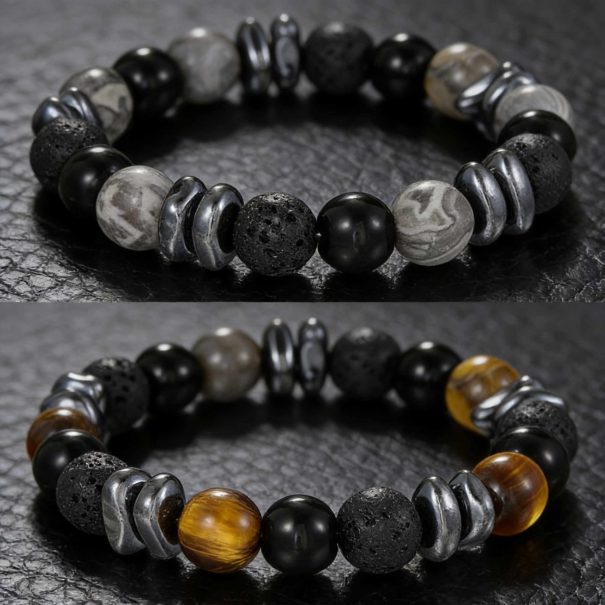 TEMU Set Of 2pcs Featuring 10mm Black Natural Stone Bracelets - Including Tiger Eye, Hematite, And Gray Stone Beaded Designs. Charm Stretch Bracelets