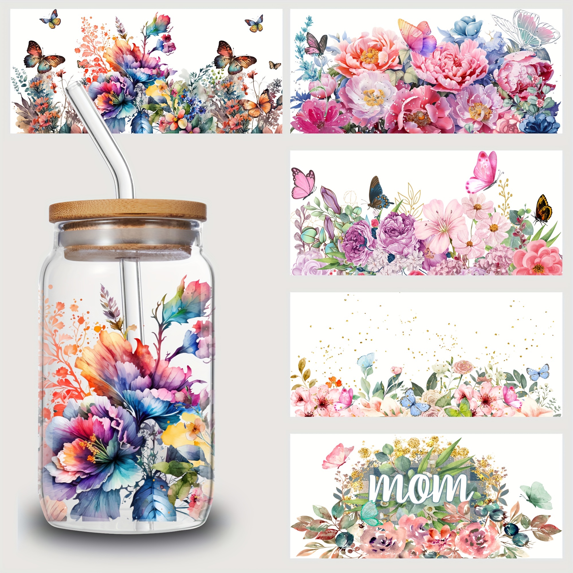 

5pcs Floral Uv Dtf Transfer Stickers, For Tumbler, Waterproof Decals, High-quality Plastic Adhesive Label For Bottles And Cups Decor