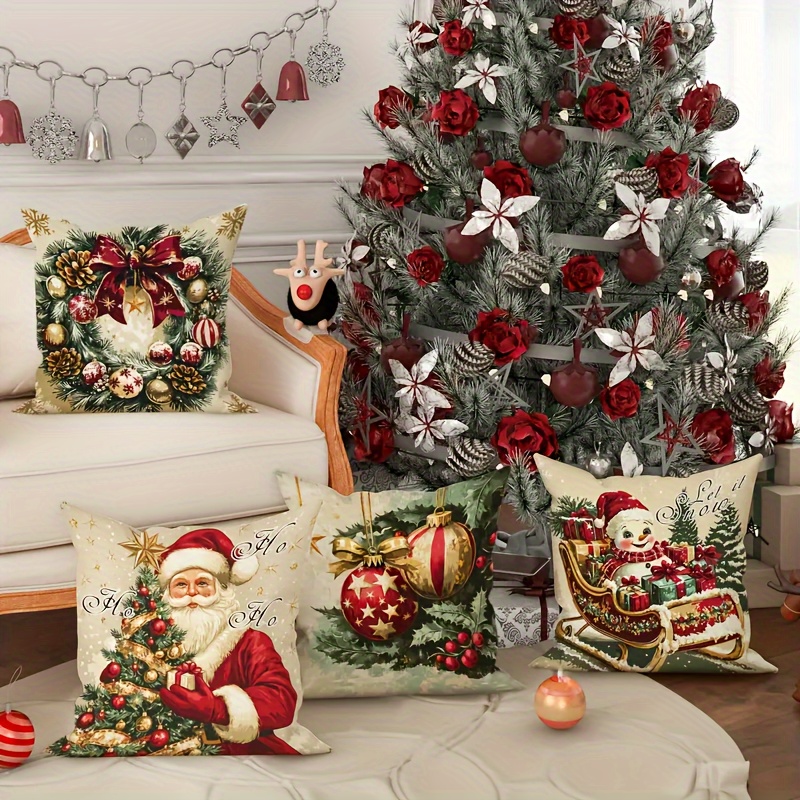 

A Set Of 4 Pillowcases, Christmas Pillowcases, Santa , Snowman, Wreath And , Comfortable And , -sided , , , Washable, , Suitable For Christmas And Sofa And Bed Decoration, 18x18 -