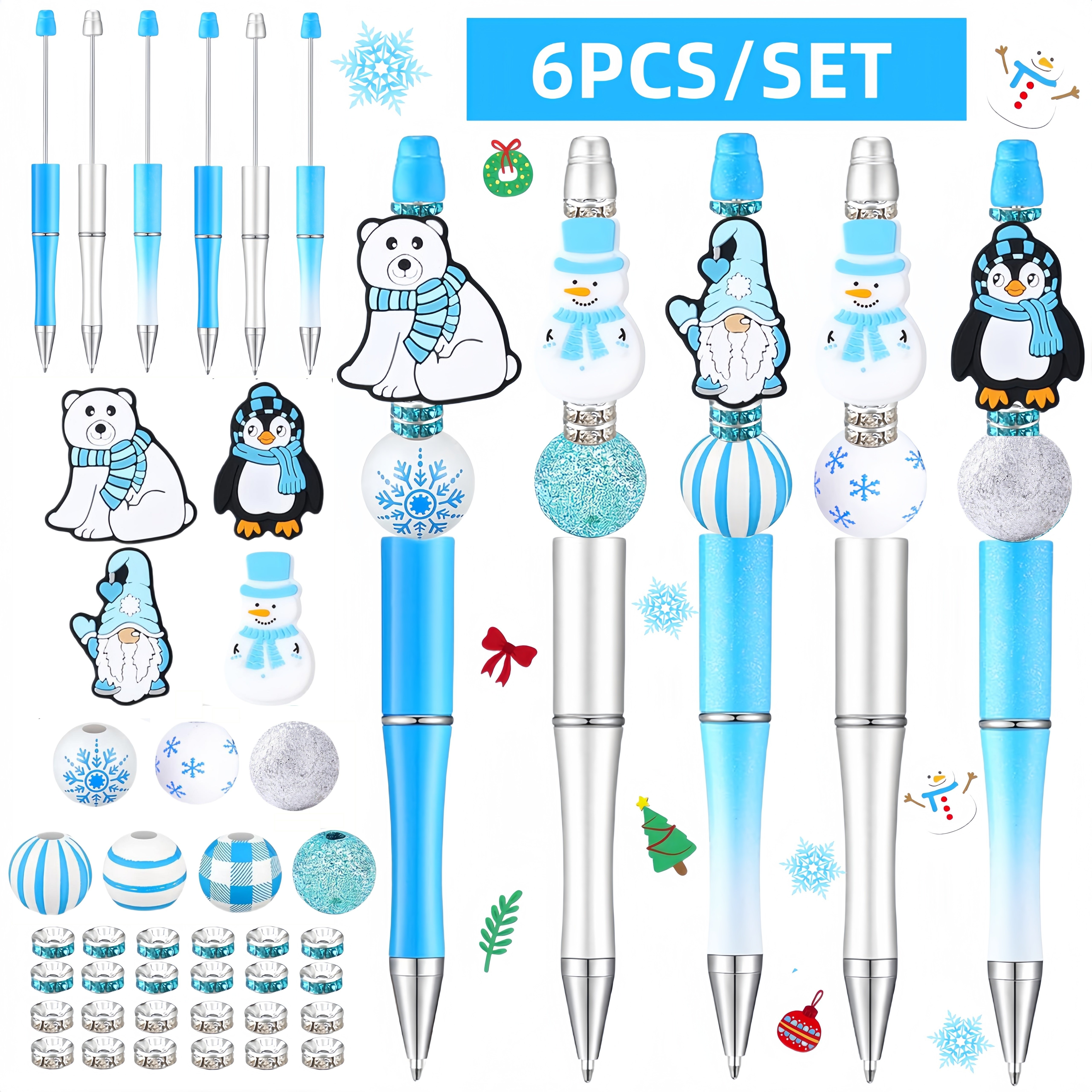 

6pcs Winter Snowman Polar Bear Penguin Themed Diy Beaded Ballpoint Pen Set With Silicone Acrylic Wooden Beads, Medium Point Twist Closure, Ideal For New Year Birthday School Office Supplies