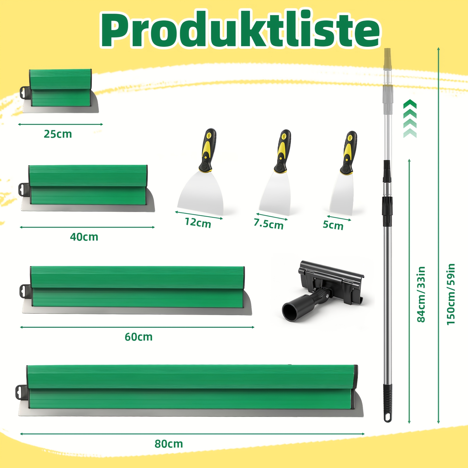 Image of Surface Trowel Set, 5pcs, Trowel Tools In A Box With Ergonomic Handles, Telescopic Pole For Painting Walls And Ceilings (25 40 60 80cm).
