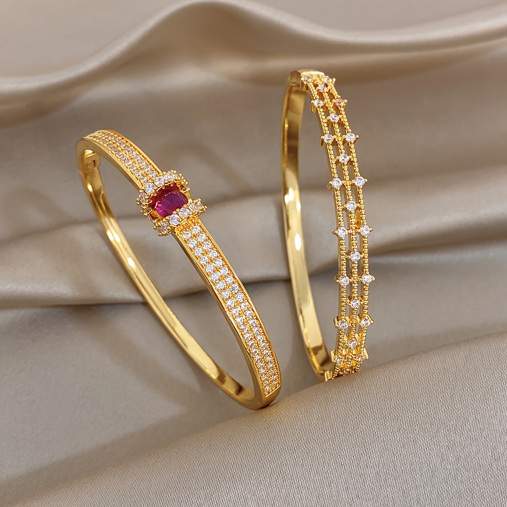 TEMU 2pcs Set Women Exquisite Synthetic Synthetic Zircon​ Design Bangle Set Men High Quality Copper Bangle Bracelet Unisex Daily Wear And Banquet