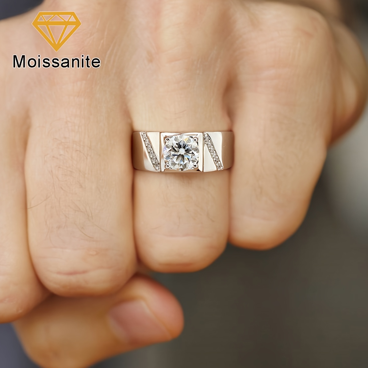 Men's 1ct Moissanite Luxury Engagement Ring, White-Golden Plated