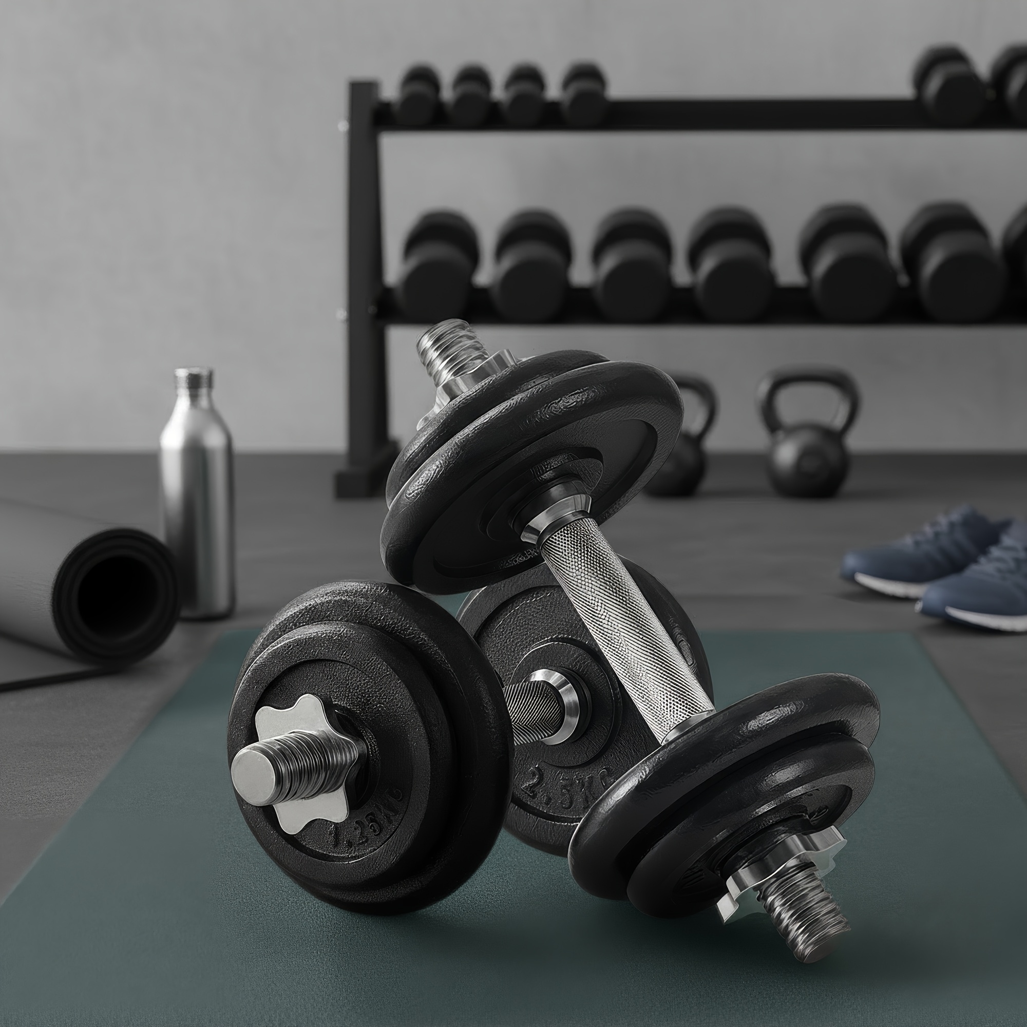 Adjustable Cast Iron Dumbbell Set 2 X 10kg, 2-in-1 Barbell For Home Workout, 35 X 16cm, Black