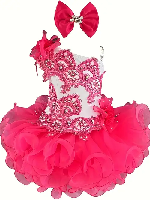 girls elegant hot pink white tulle pageant dress with lace bodice floral accents sparkling bow adjustable sash tie birthday party outfit for girl clothes
