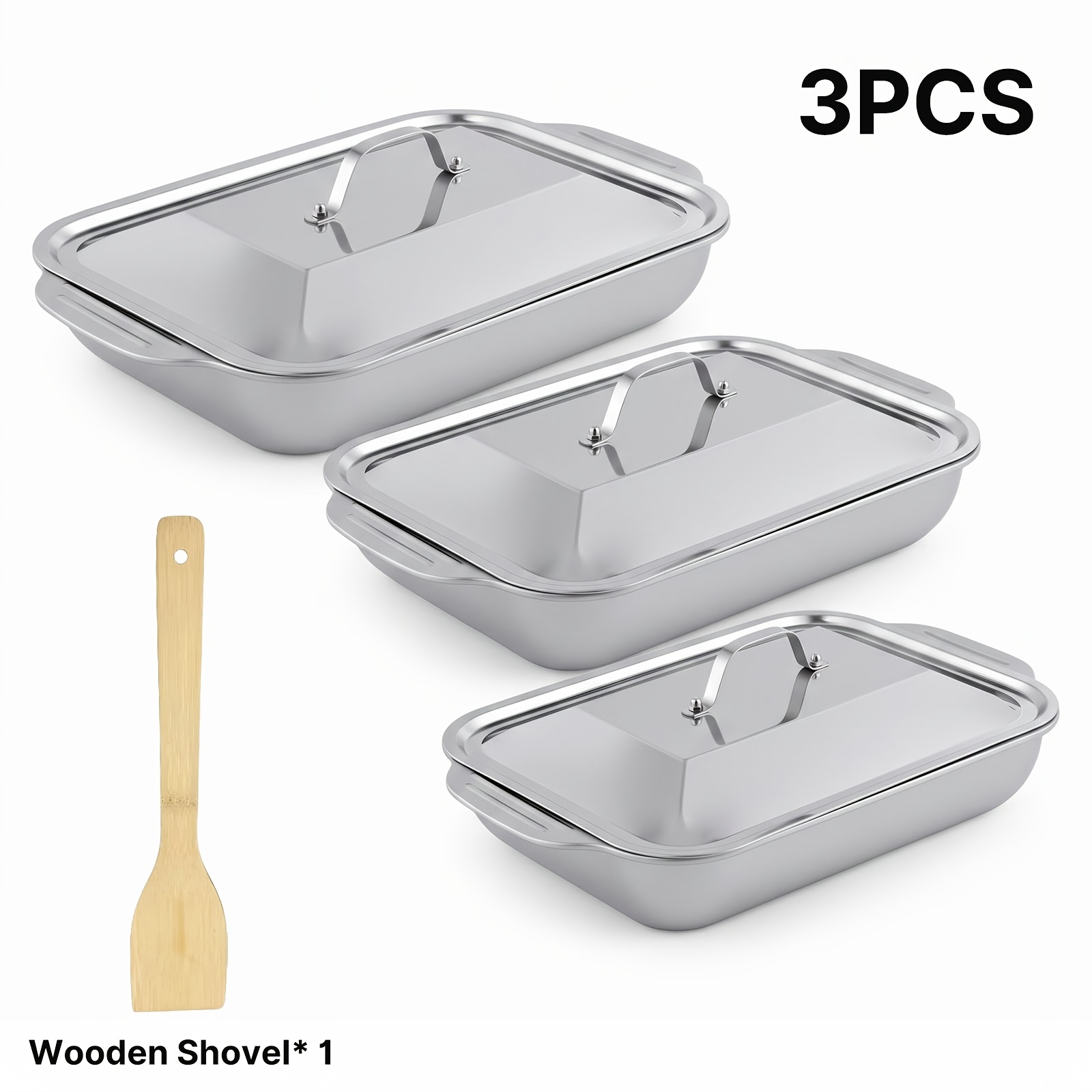 Image of Roasting Pans, Stainless Steel Baking Pan Large Medium Small 3pcs Set With Lids, For Food-safe Material, Large Capacity For Food Storage, Baking Sheet With Lid+ For Food Preservation & Daily Cooking
