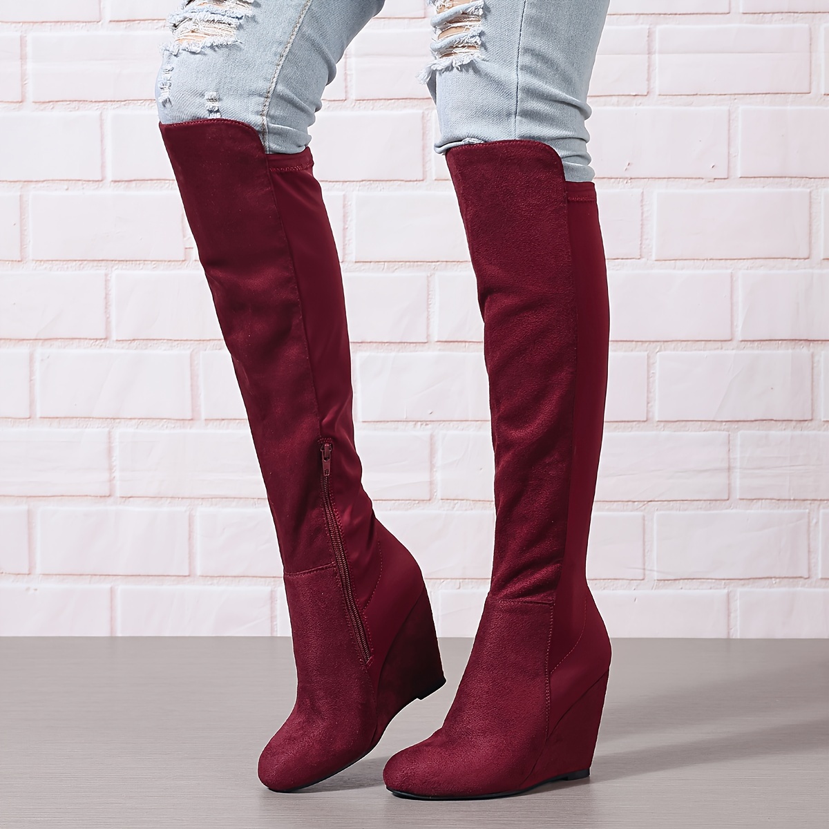 Women s Over the Knee Wedge Heel Boots Flannel Upper Western Dress Boots with Round Toe Slip On Closure and for Winter