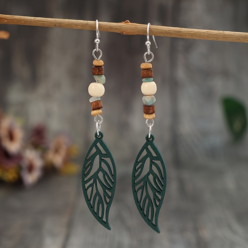 

Boho-chic Handcrafted Wooden Bead & Geometric Hollow Dangle Earrings - Perfect Gift For Her, All-season Wear