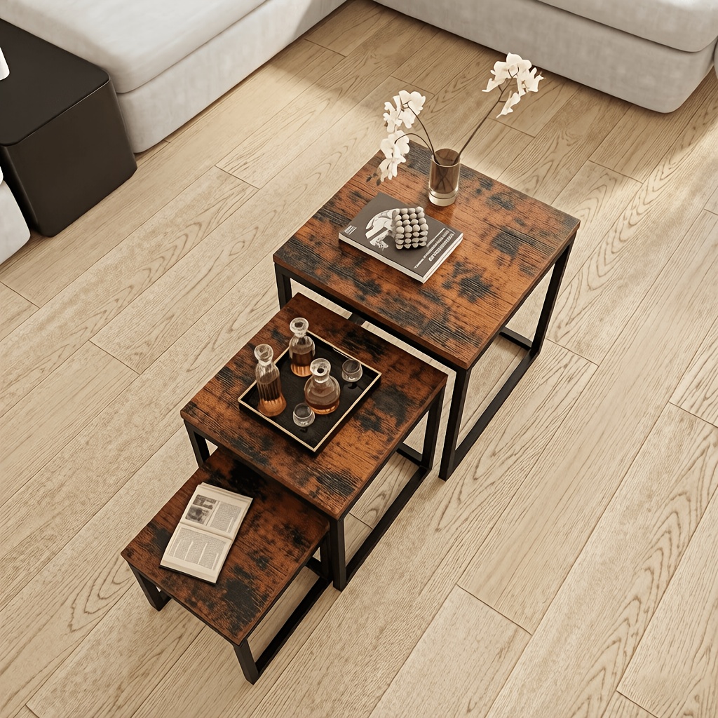 Set Of 3pcs Square Tables Marble Effect Mdf Table Top Metal Frame Multifunctional Use Side End Lamp Table Nesting Tables For Bedroom Living Room