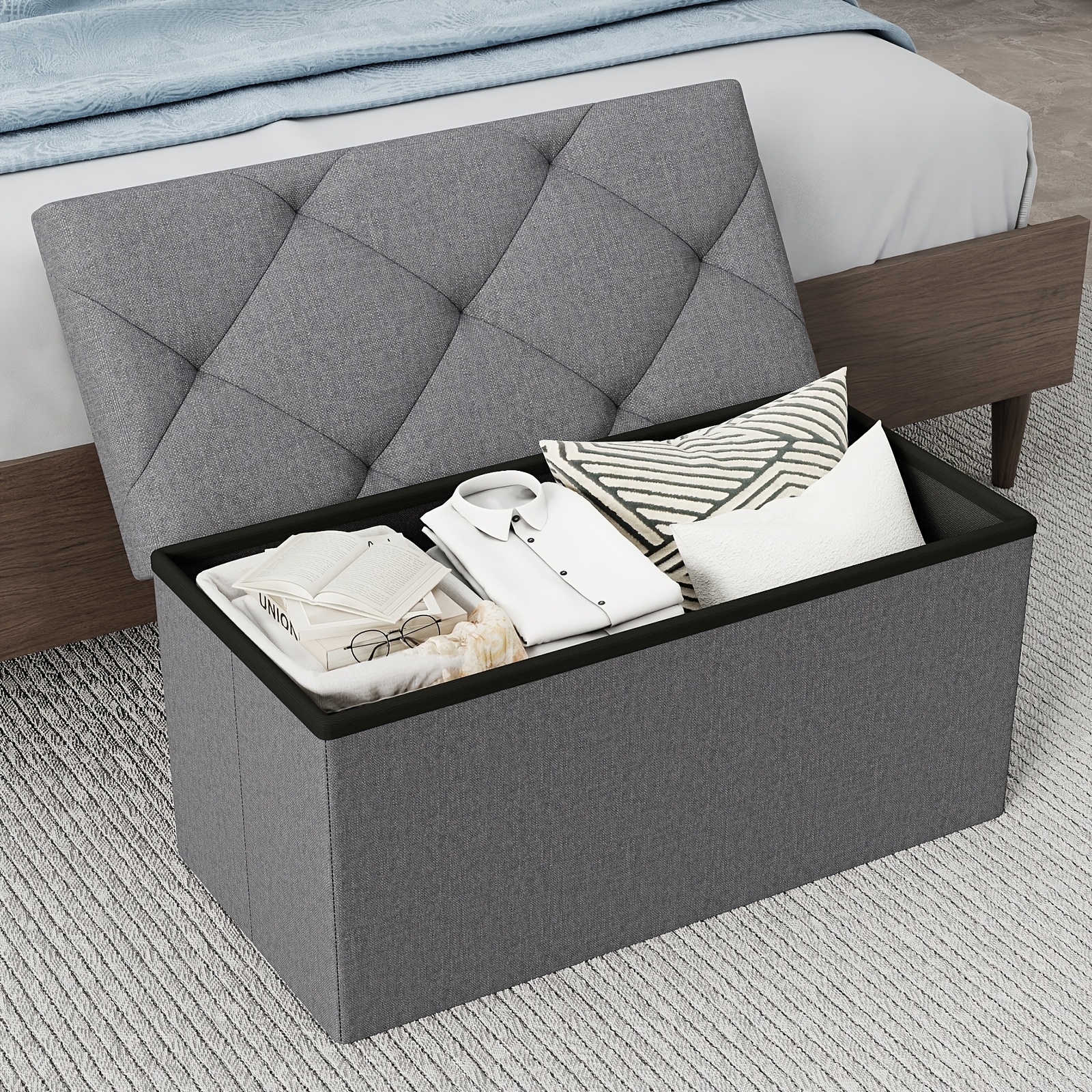 heavy duty multi functional folding storage ottoman storage bench with cushion indoor outdoor dual use space saving   resistant easy to   ideal for living room bedroom patio garden tool storage   bench