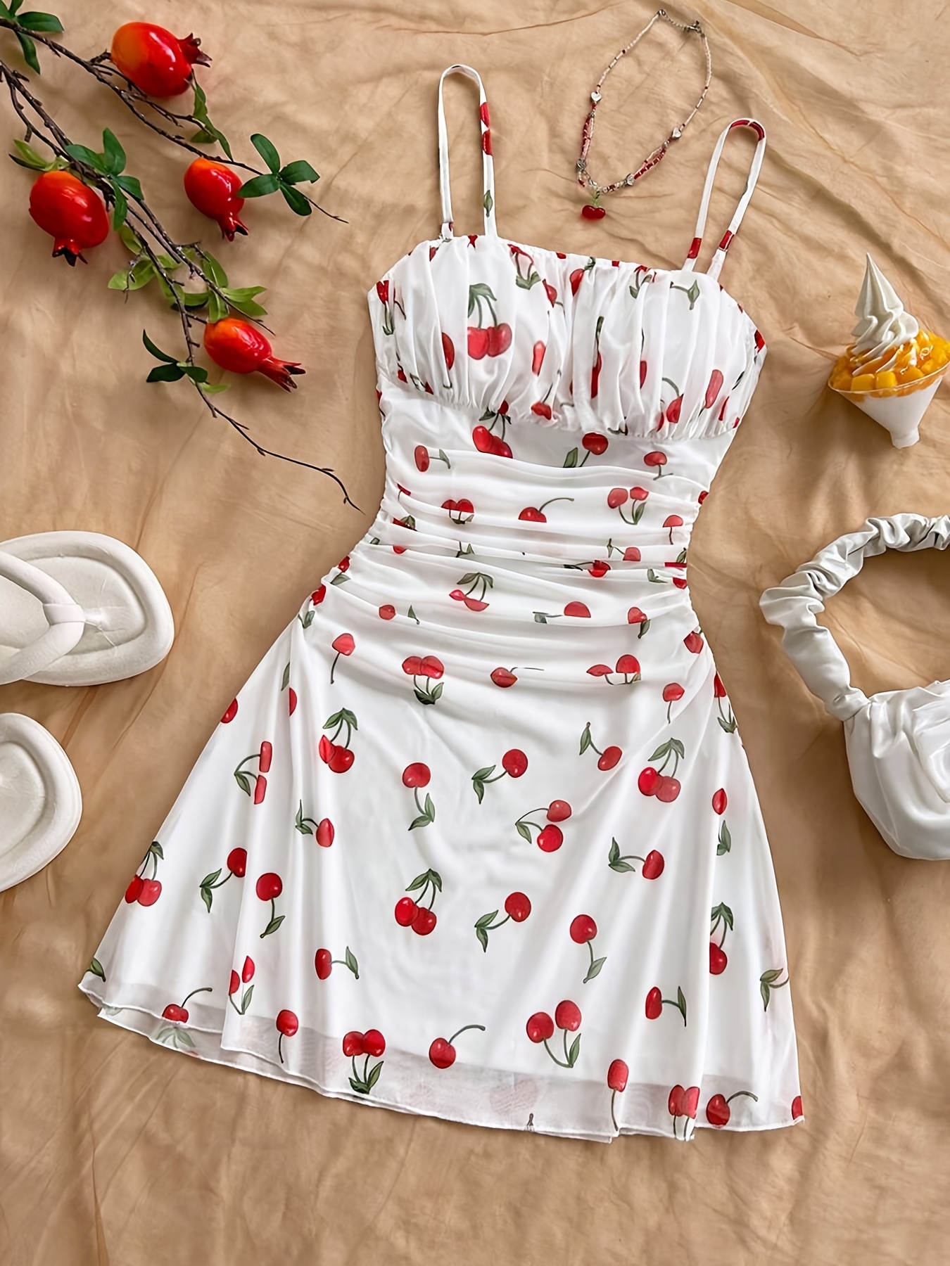 abito mini stringato stampa ciliegie piccole sfondo
