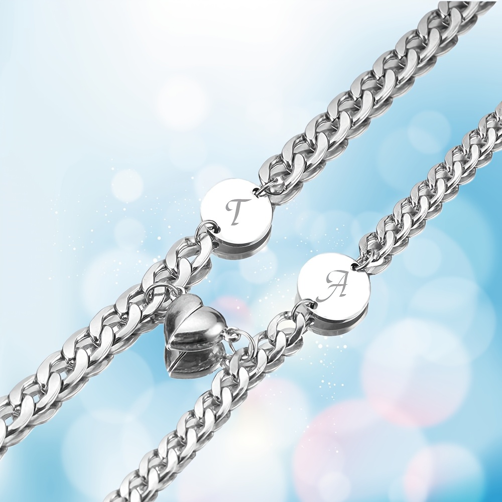 TEMU Customized Couple Bracelets Made Of Stainless Steel With Engraved Hearts For Men And Women, Holidays, Birthdays, Valentine's Day, Anniversaries,