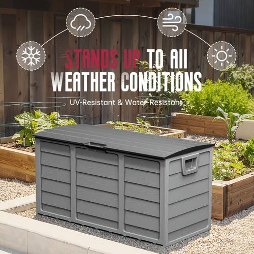 75 gallon waterproof resin deck storage box with handles gray rectangular outdoor organizer for home kitchen patio garden trunks