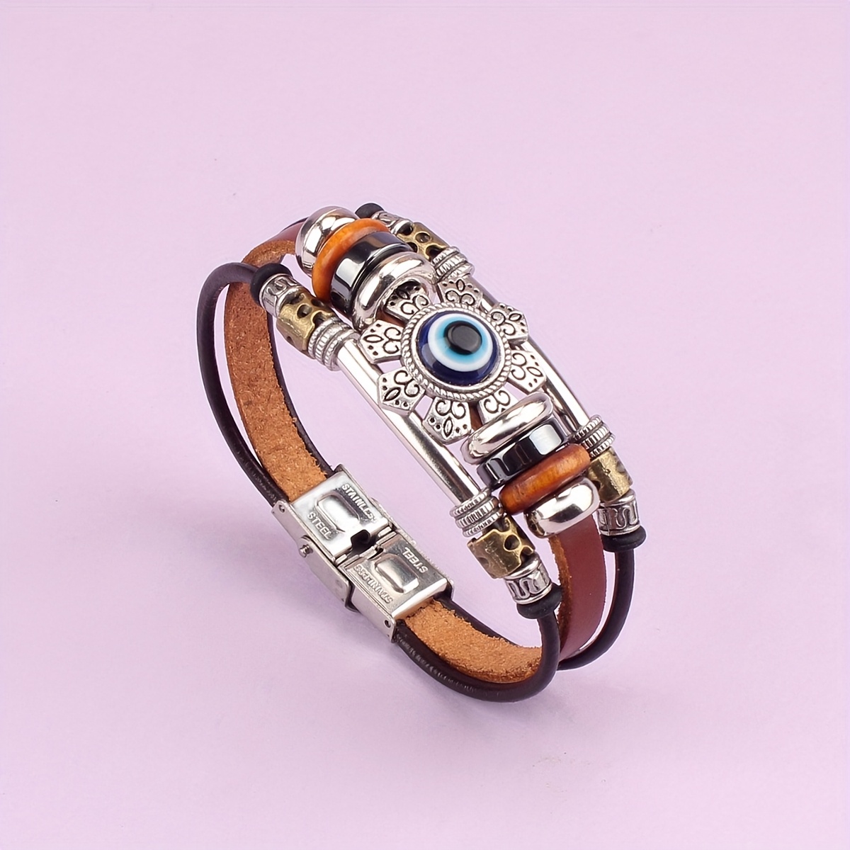 1pc Vintage Eyeskin Genuine Leather Beaded Stainless Steel Bracelet