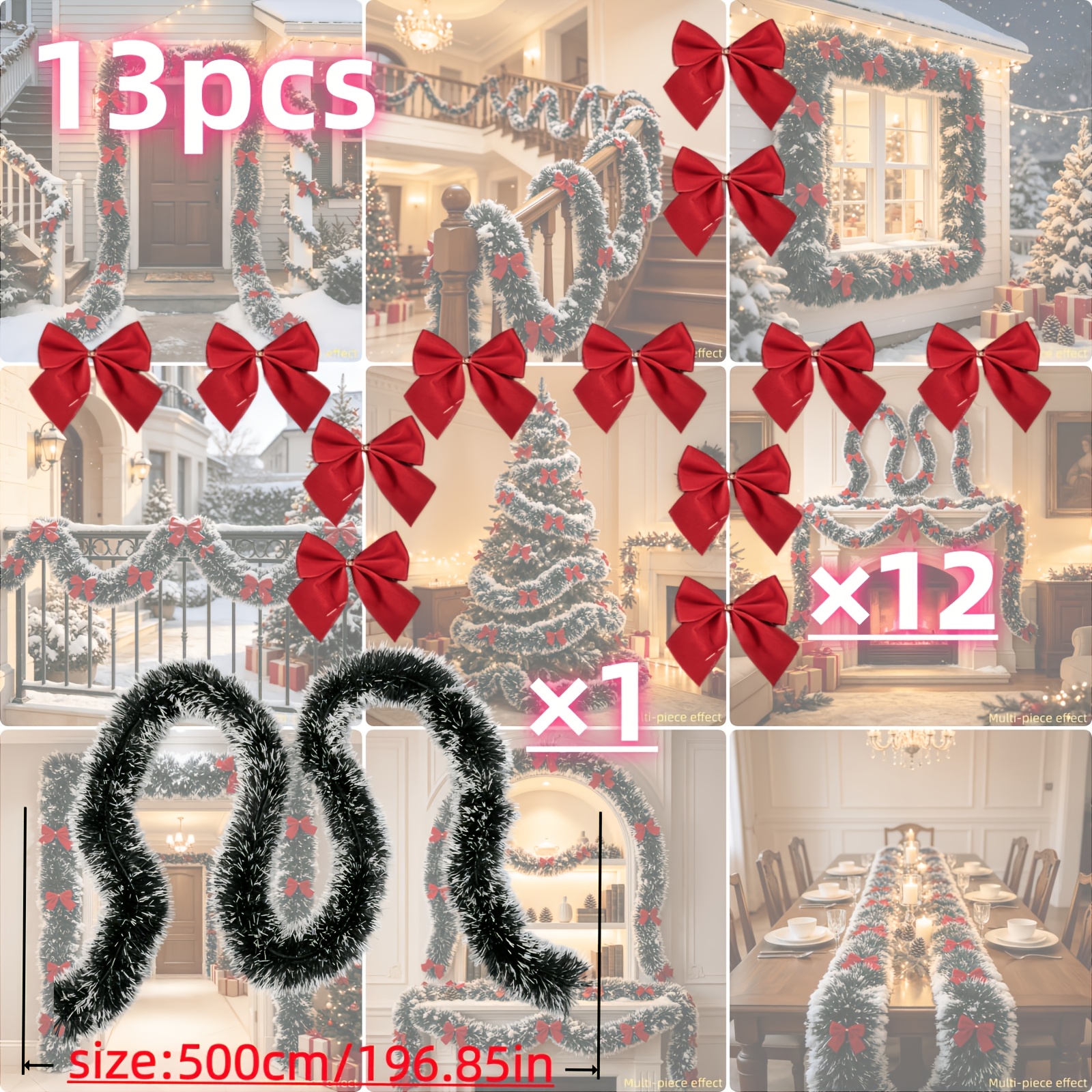TEMU 13pcs - Ultra Long 196.85In - Ruban de Noël en Velours Effet Neige, Nœud Rouge, Faux Chiffrée, Balustrade d'Escalier, Cheminée, Décoration de