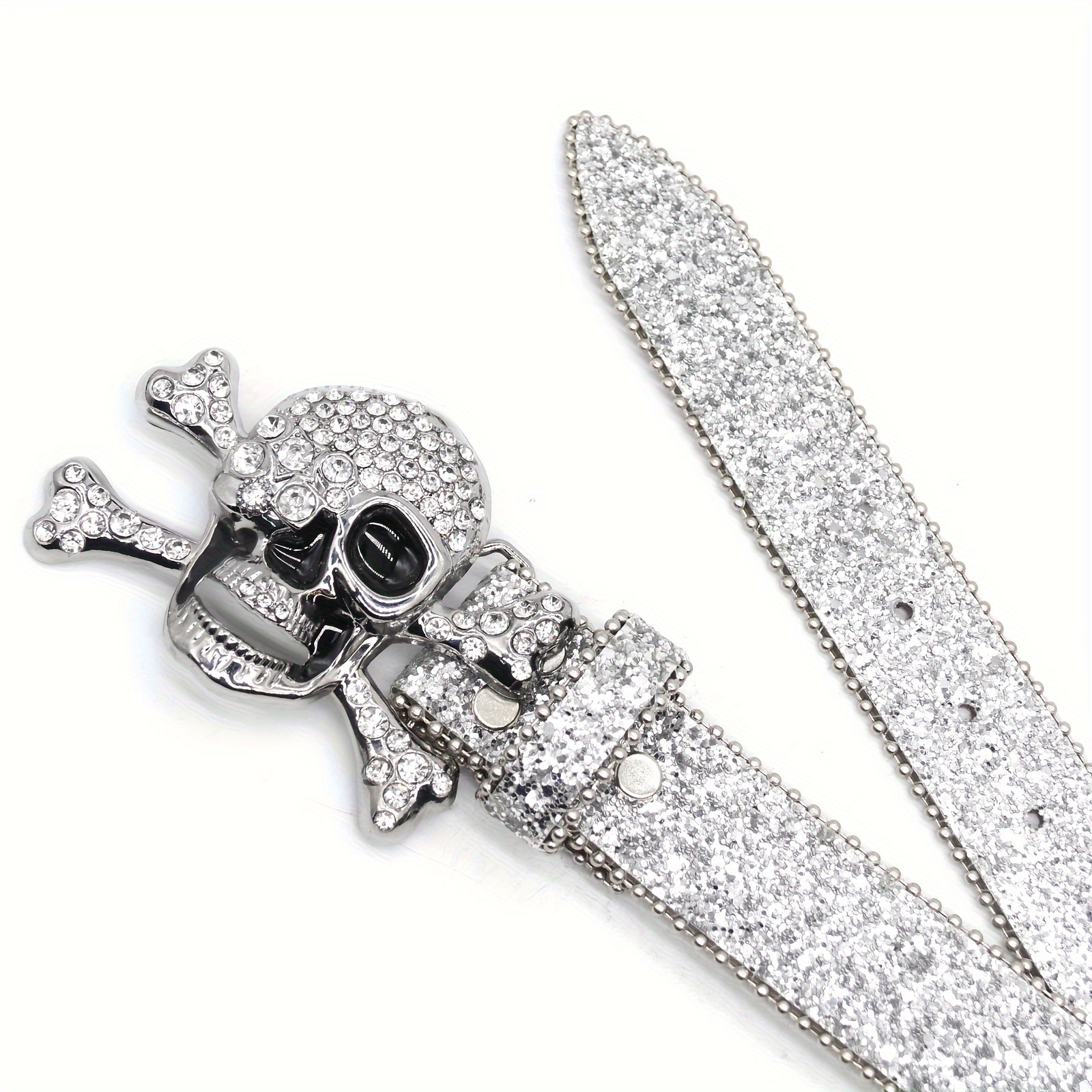 belt white sparkly hip hop punk style skull rivet - Temu display picture 1