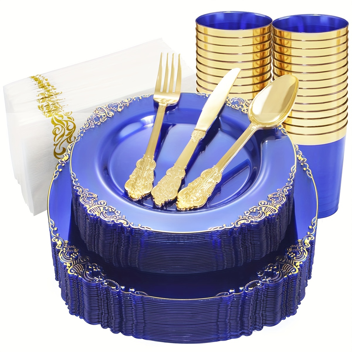 

175pcs Clear Blue Golden Plastic Plates Sets Include 25dinner Plates, 25dessert Plates, 25cups, 25forks, 25knives, 25spoons, 25napkins For Weddings & Party