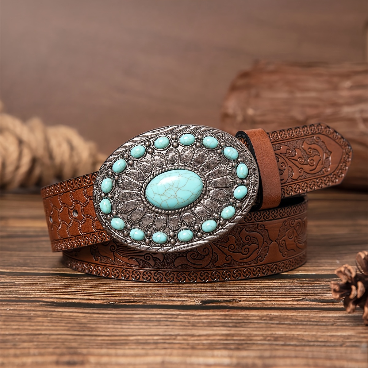vintage western belt turquoise stone pu leather perfect - Temu display picture 1