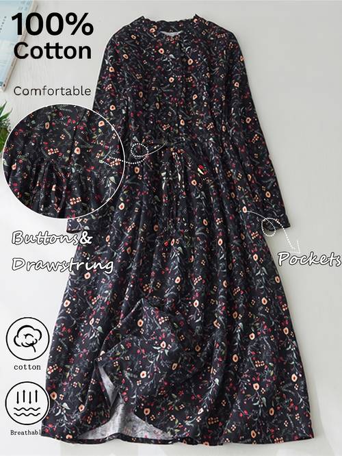item picture womens autumn retro floral long sleeve dress small stand collar waist tie flared maxi skirt literary loose casual commuter over the knee dress
