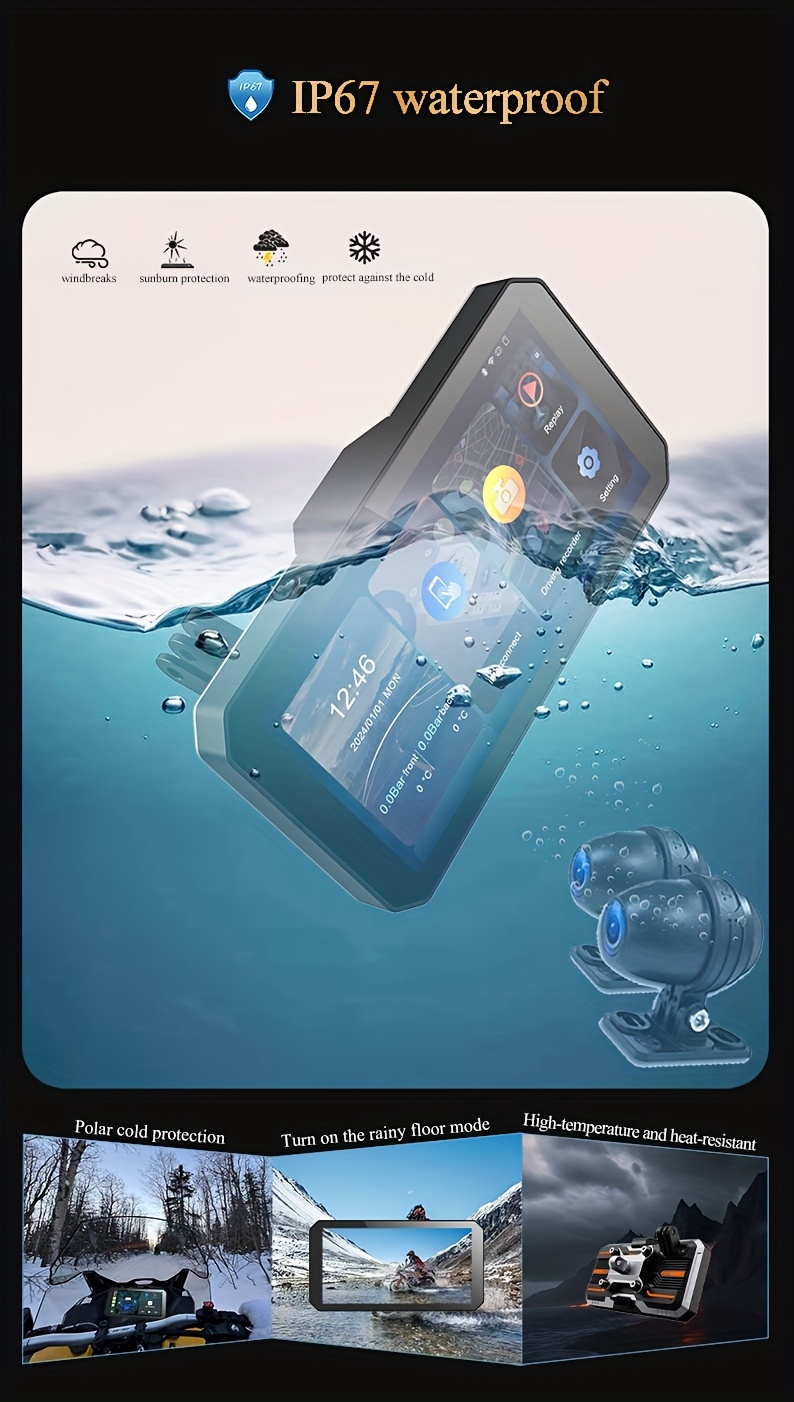 Gallop Sprite 6-inch Motorcycle Dash Cam, GPSD Navigator with Split-Screen Display, Upgraded Anti-Shake and Shockproof Handlebar Mount, Dual 1080P Front and Rear Cameras + 64GB Card, Loop Recording, Wireless Bluetooth CarPlay & Android Auto Screen