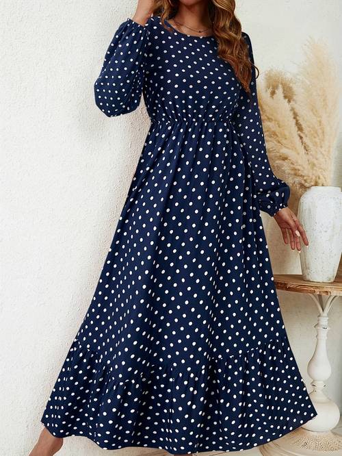 1pc elegant polka dot dress for women long sleeve crew neck polyester dress with frill detail woven a line swing dress