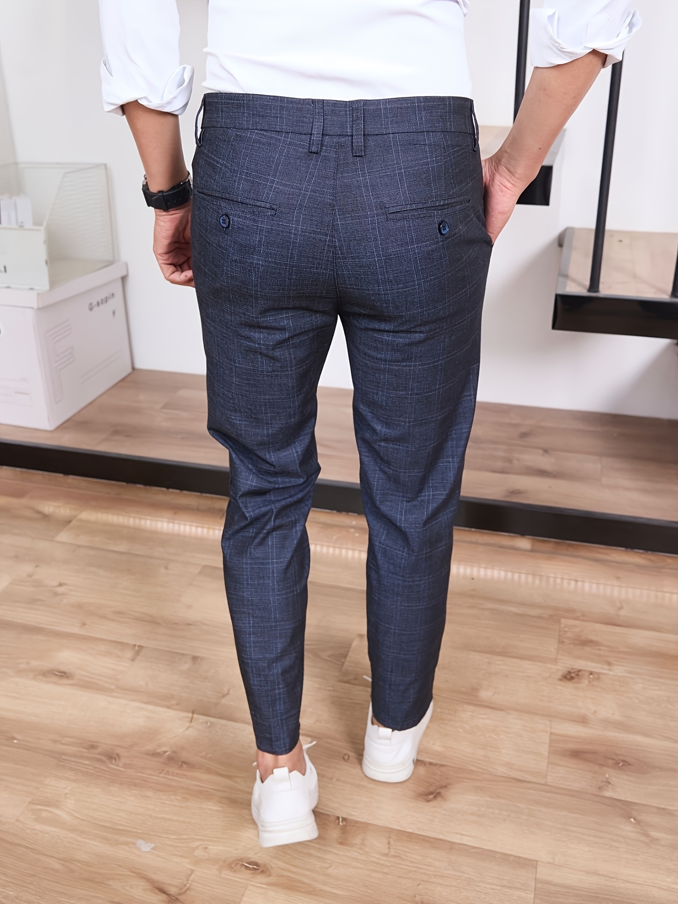 Men'S Stylish Plaid Dress Pants - Navy Blue, Semi-Formal, Casual Business Attire, All-Season Comfort, Regular Fit, Allseason Pants|Plaid Pattern Pants|Stretchable Fabric