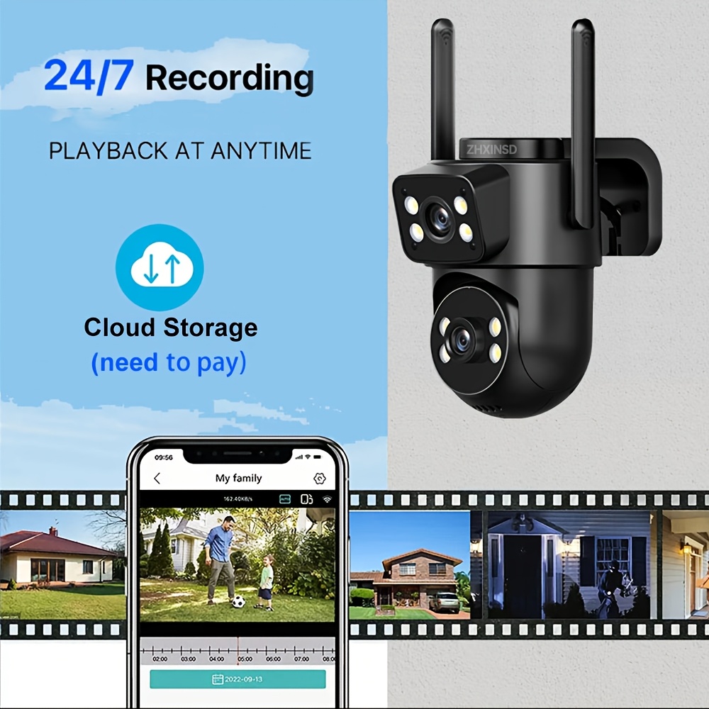 1080P Wireless Outdoor Security Camera, Dual Lens, Color Night Vision, App Control, USB Charging, Pan-Tilt, Motion Detection, Two-Way Audio, No Battery, 2.4G/5G WiFi Camera, Easy Installation, Outdoor Security Camera