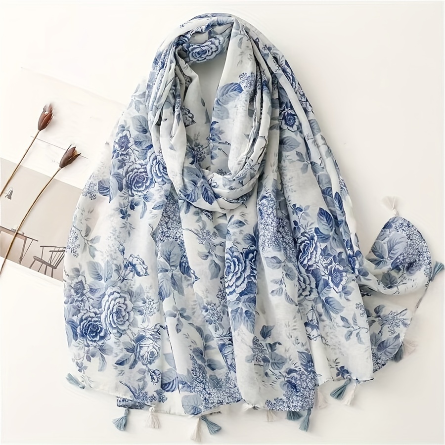 

Elegant Floral Cotton-linen Scarf For Women, Soft Tassel, Blue Shawl, Spring/summer Collection Casual Shawl, Travel Beach Wrap, Sun Protection Shawl