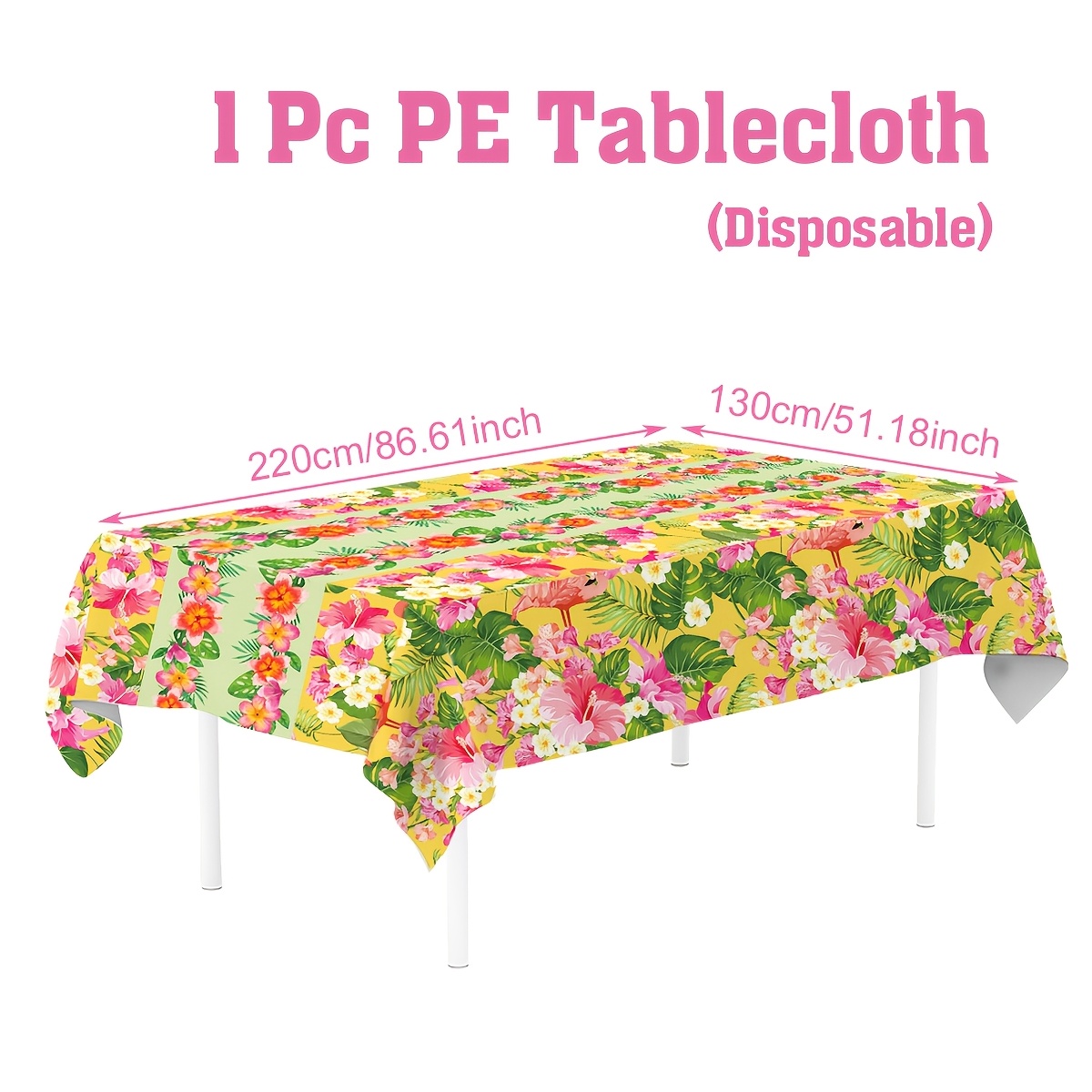 TEMU 1pc, Vibrant Hawaiian Theme Disposable Tablecloth, 220 X 130cm, Tropical Flamingo And Hibiscus Print Pe Tablecover, Tablecloth For Summer Beach