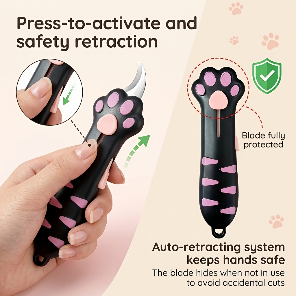 2pcs set 1 cute cat paw retractable box cutter 1 lanyard portable pocket opener anti slip handle for household package cutting crafting back to desktop accessories Product details 1