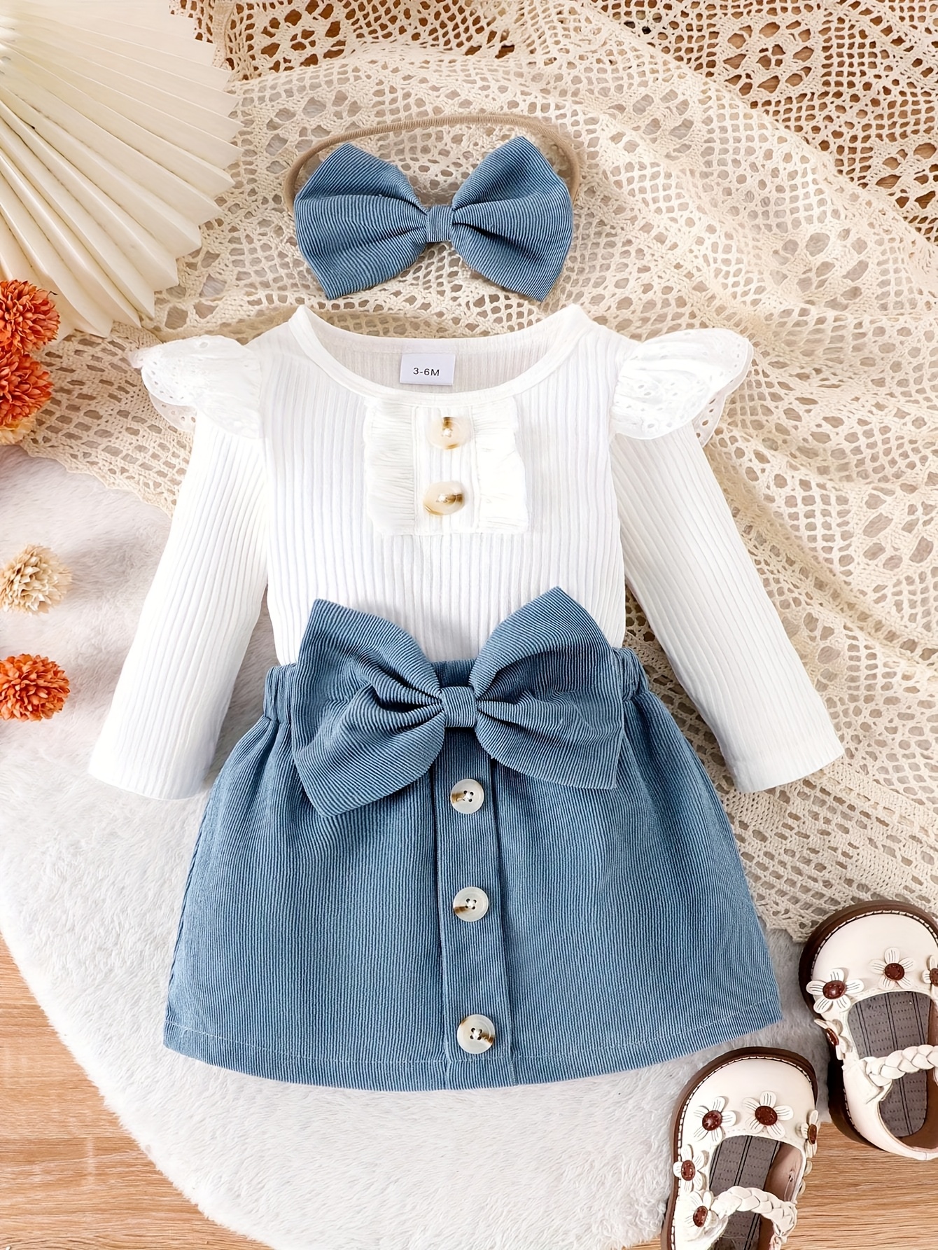 ' Solid Color Long Sleeve Button-Decorated Bodysuit with Bow Skirt Set, Including Hair Tie, Autumn Attire, Spring Clothes, Stylish Wear, Cute Set, Comfortable Bodysuit, Soft Fabric, Buttondown Bodysuit, Matching Hair Tie, Parents Of, Shower Gift, Perfect for Outdoor