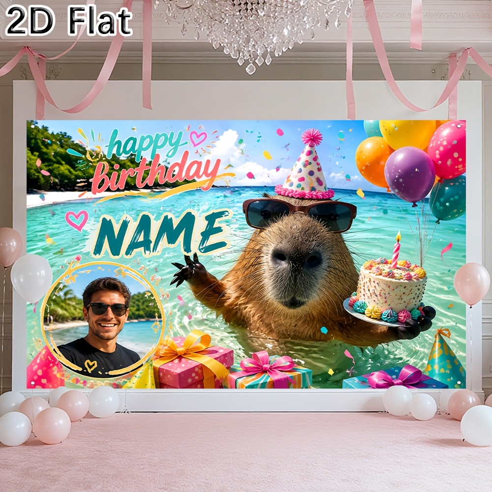 TEMU 2d Flat - 2d Flat 1pc Customizable Birthday Party Background Banner, Can Add And Photo With Cute Capybara Themed Happy Birthday Print Decoration